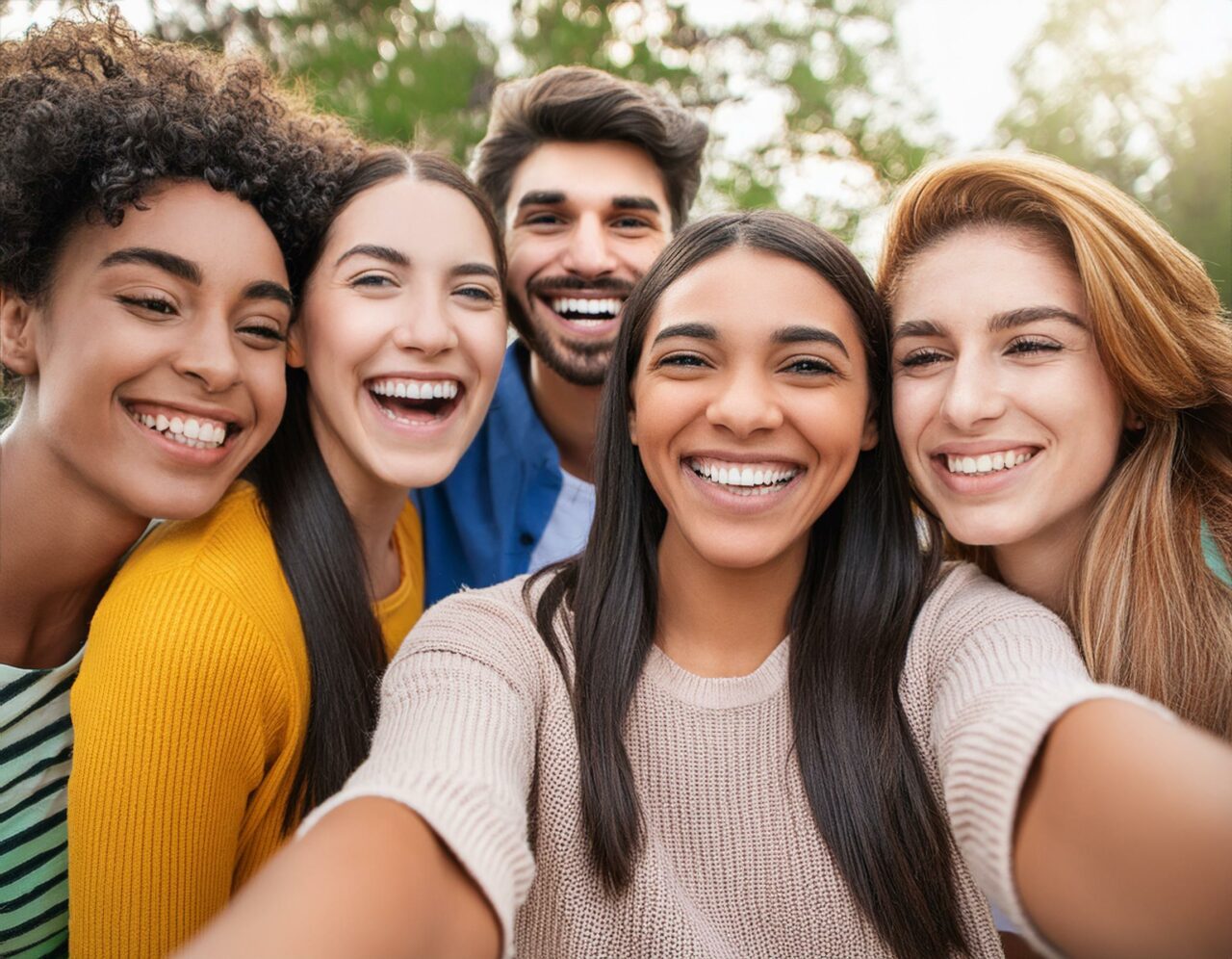 Multirassische Freunde machen große Gruppen-Selfie-Aufnahme lächelnd vor der Kamera - Lachende junge Leute, die draußen stehen und Spaß haben